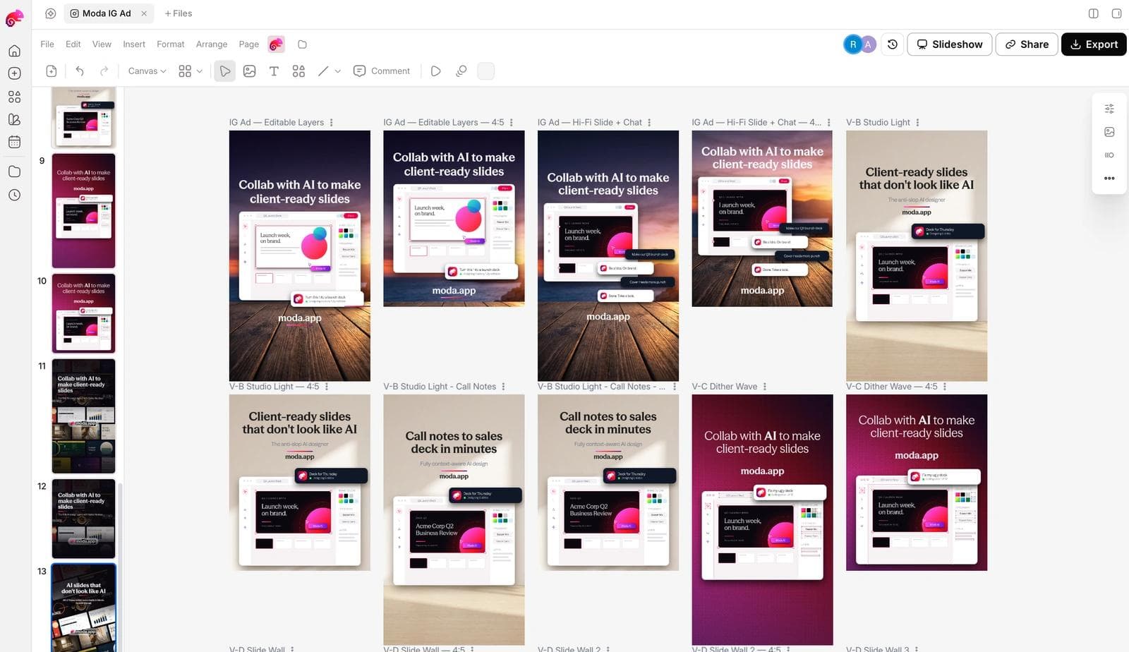 Moda canvas showing multiple editable campaign ad concepts in portrait and four-to-five formats beside design controls