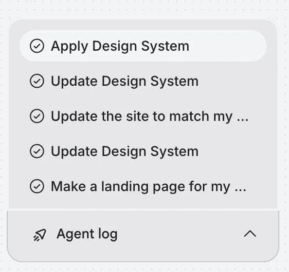 Stitch agent log showing completed steps including Apply Design System, Update Design System, and Make a landing page
