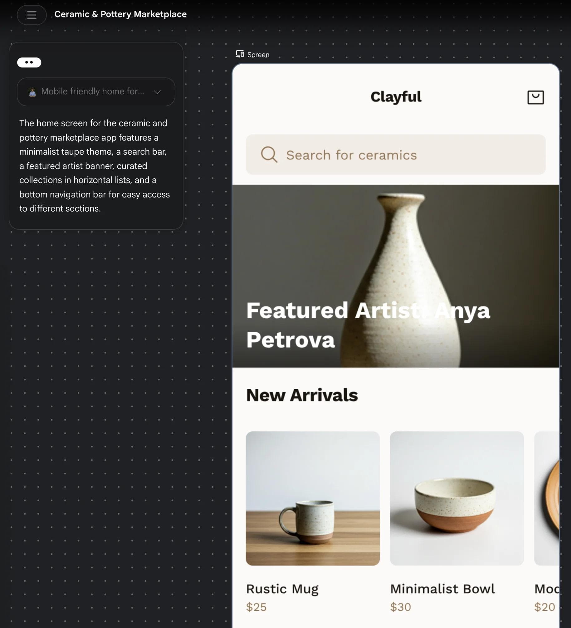 A Google Stitch project showing a generated mobile ceramics marketplace interface beside the design conversation