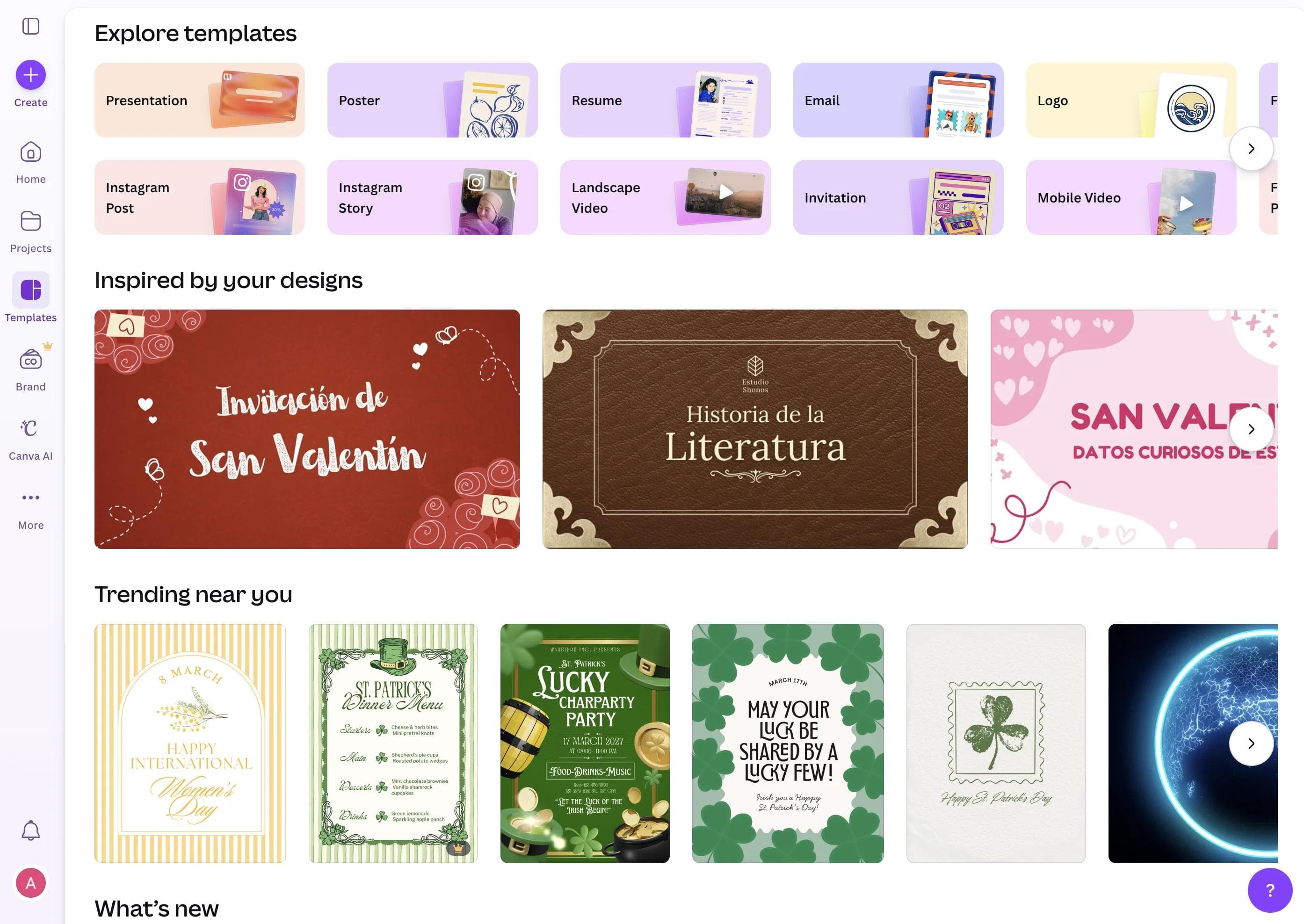 Canva template gallery showing categories for presentations, social media, video, marketing materials, documents, and websites