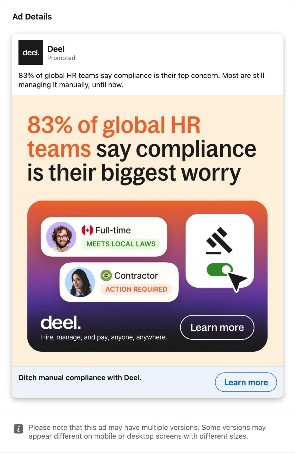 LinkedIn ad by Deel with a large 83 percent statistic as the headline, an illustration of two worker cards marked compliant and action required, and a plain benefit headline