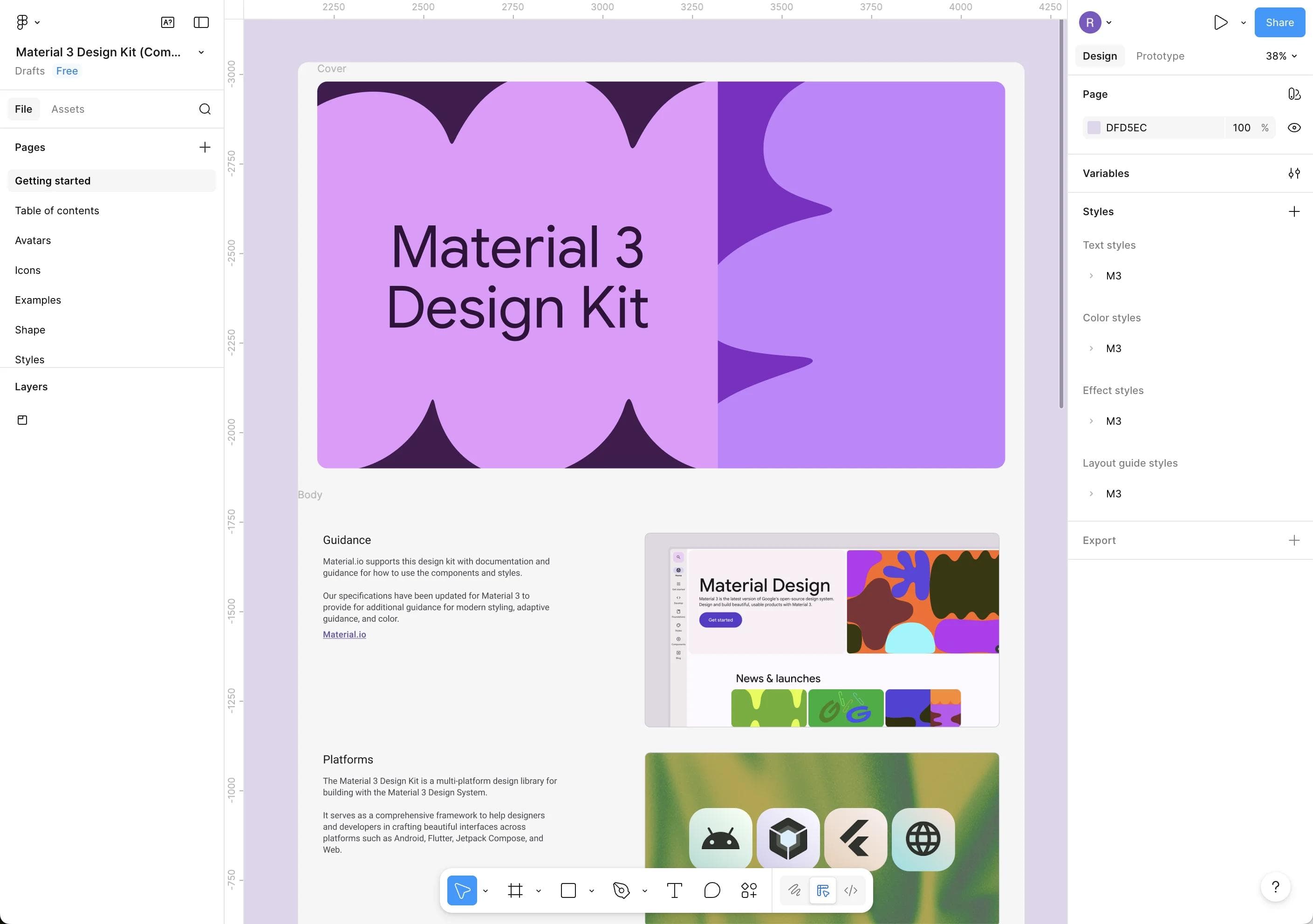Figma showing a Material 3 design kit page with styles, variables, and design-system controls visible around the canvas