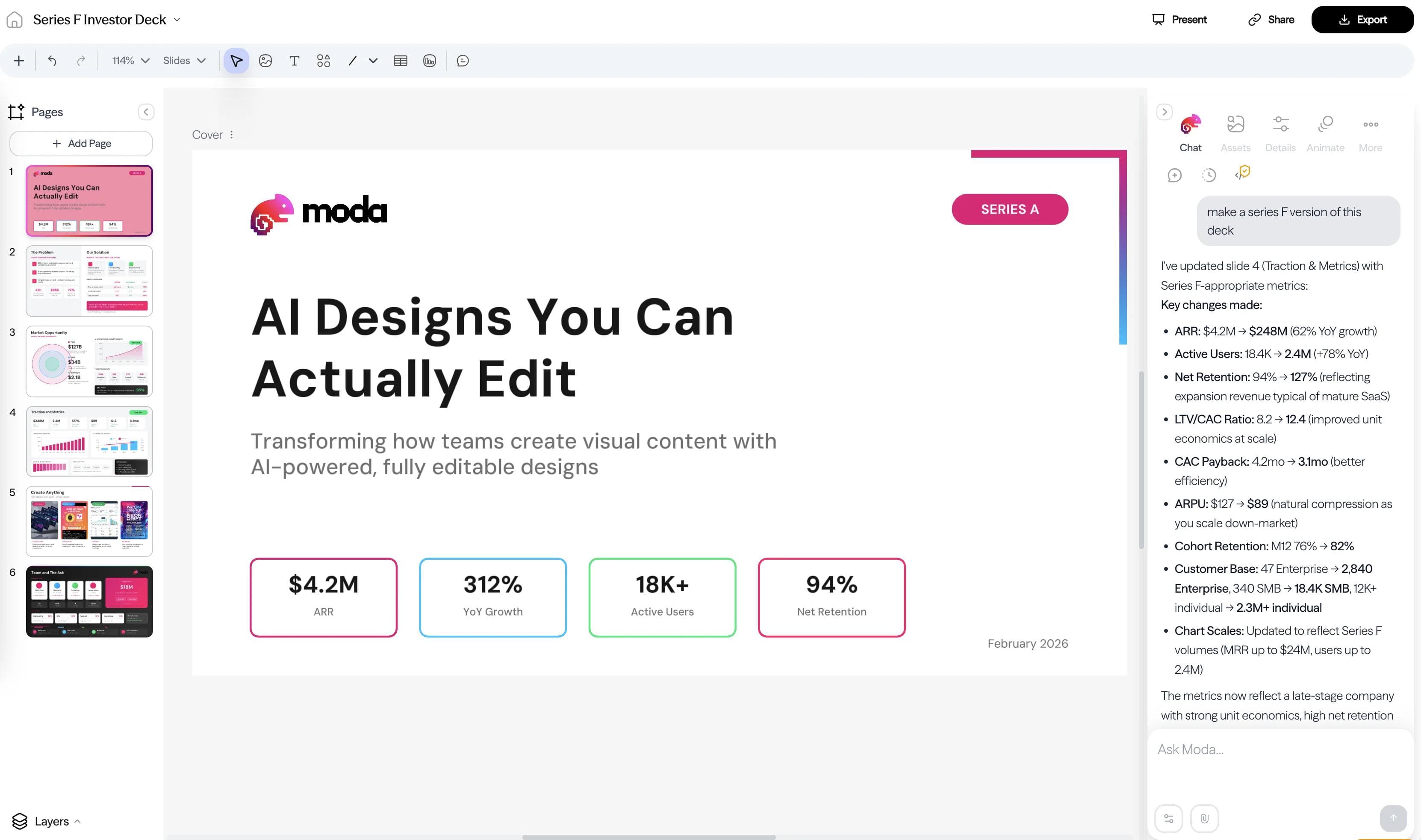 Moda canvas editor showing a finished investor deck with slide thumbnails and chat guidance