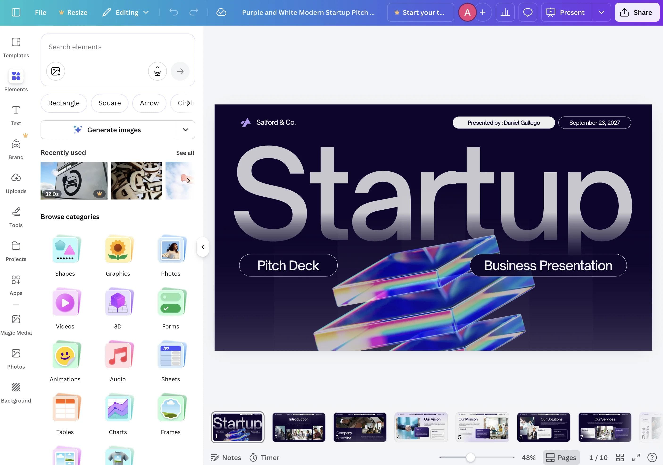 Canva presentation editor with a startup deck open, slide thumbnails visible, and the Elements panel expanded