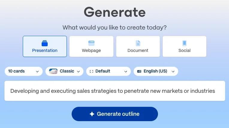 Gamma's AI presentation editor showing a generated deck with card-based, text-heavy slides