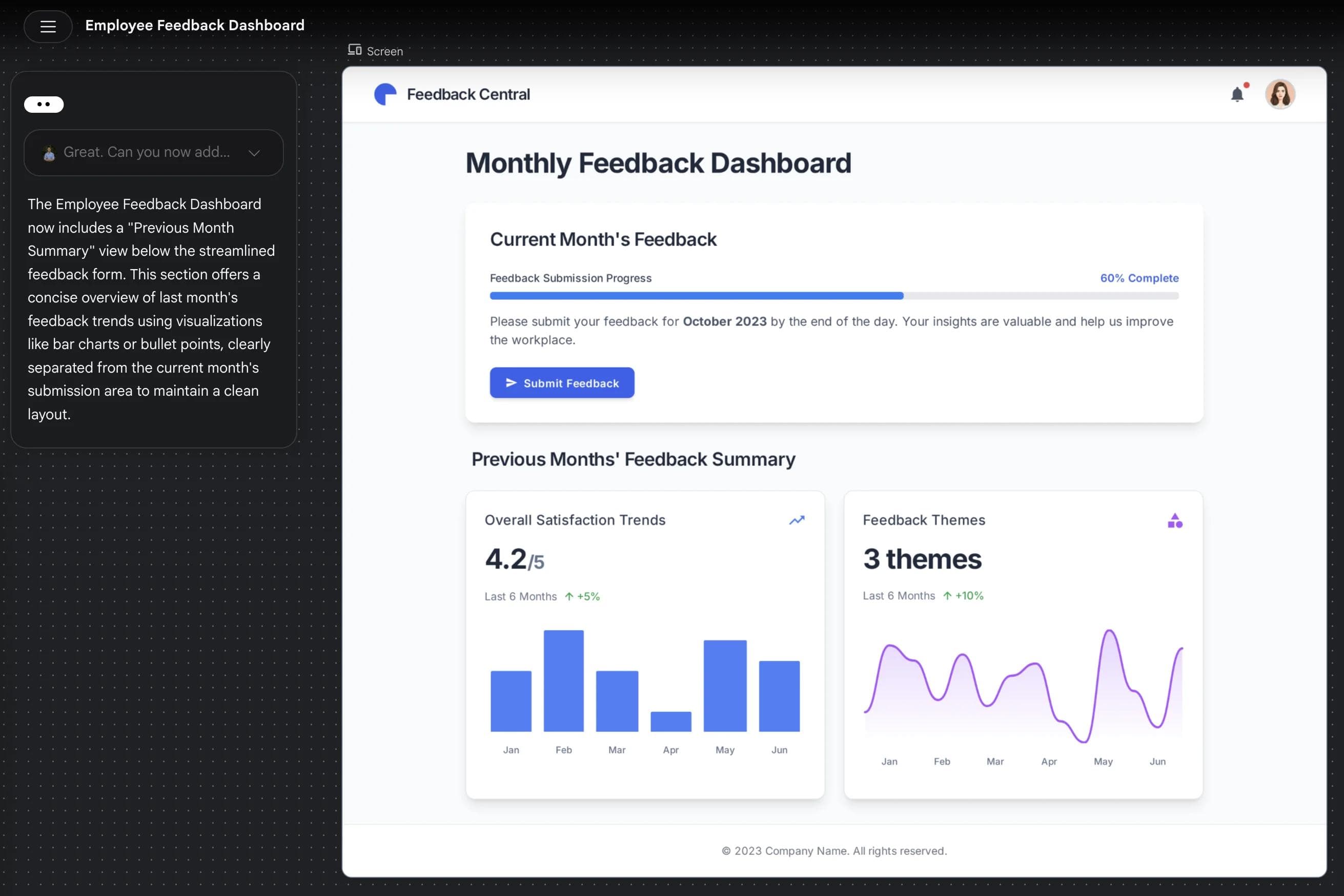Stitch-generated SaaS dashboard for employee feedback with charts, progress bars, and satisfaction metrics alongside the AI conversation panel