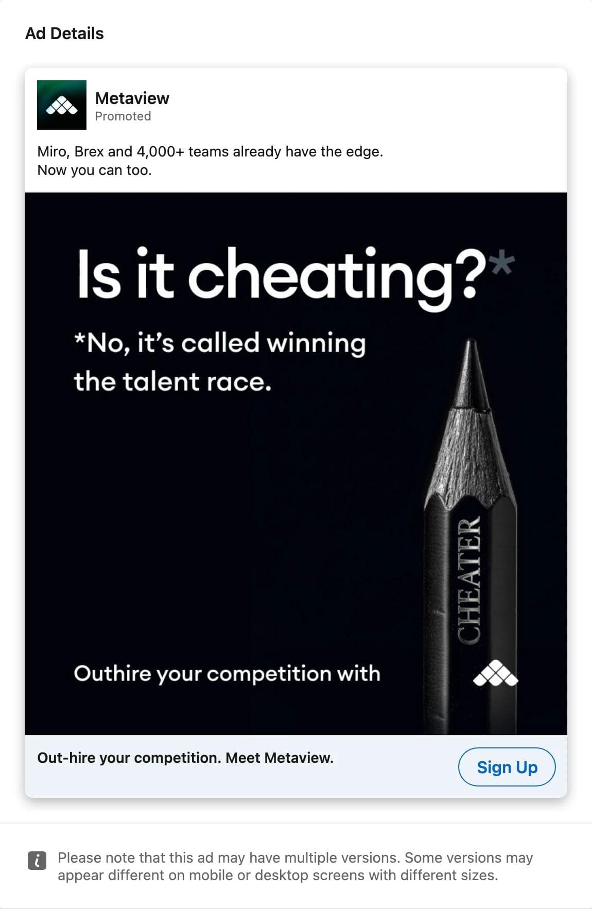 LinkedIn ad by Metaview with a black card reading Is it cheating, asterisk, No it's called winning the talent race, a pencil marked cheater, and the headline Out-hire your competition