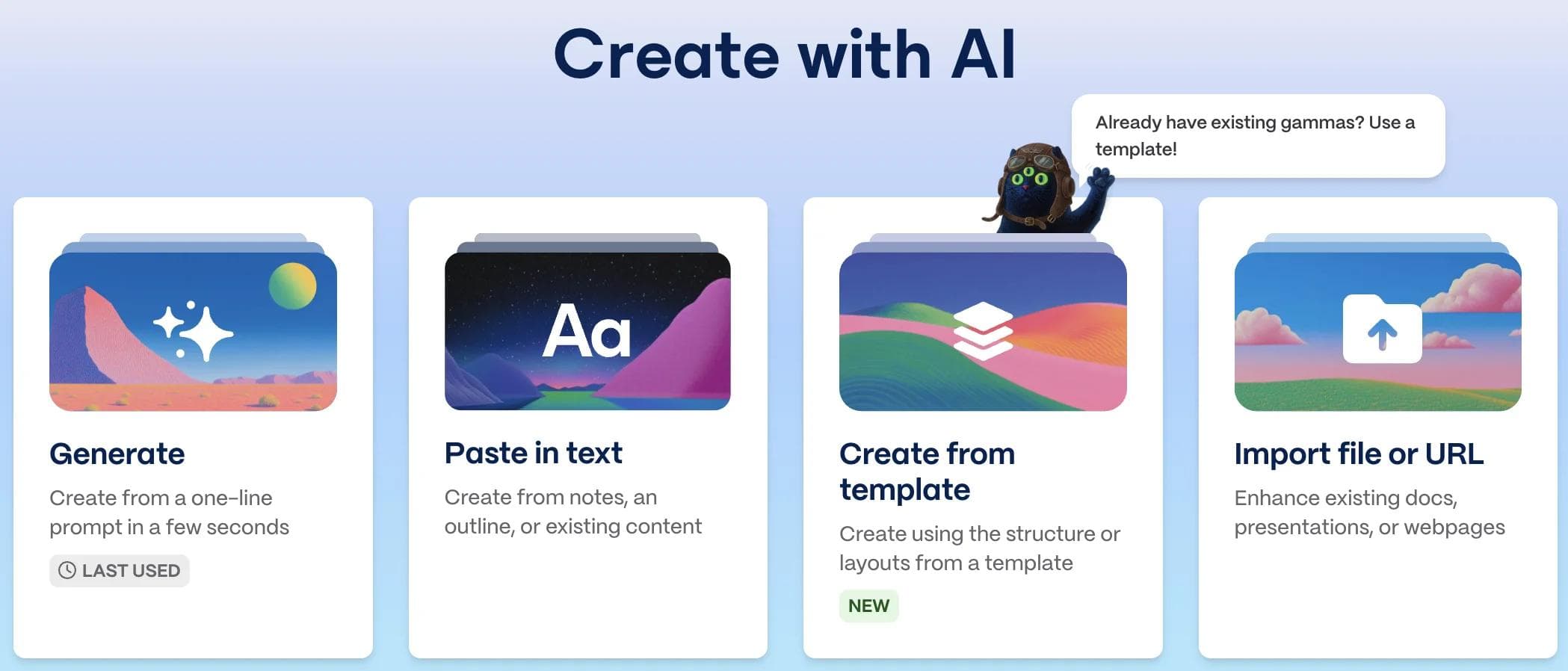 Gamma Create with AI screen showing Generate, Paste in text, Create from template, and Import file or URL options
