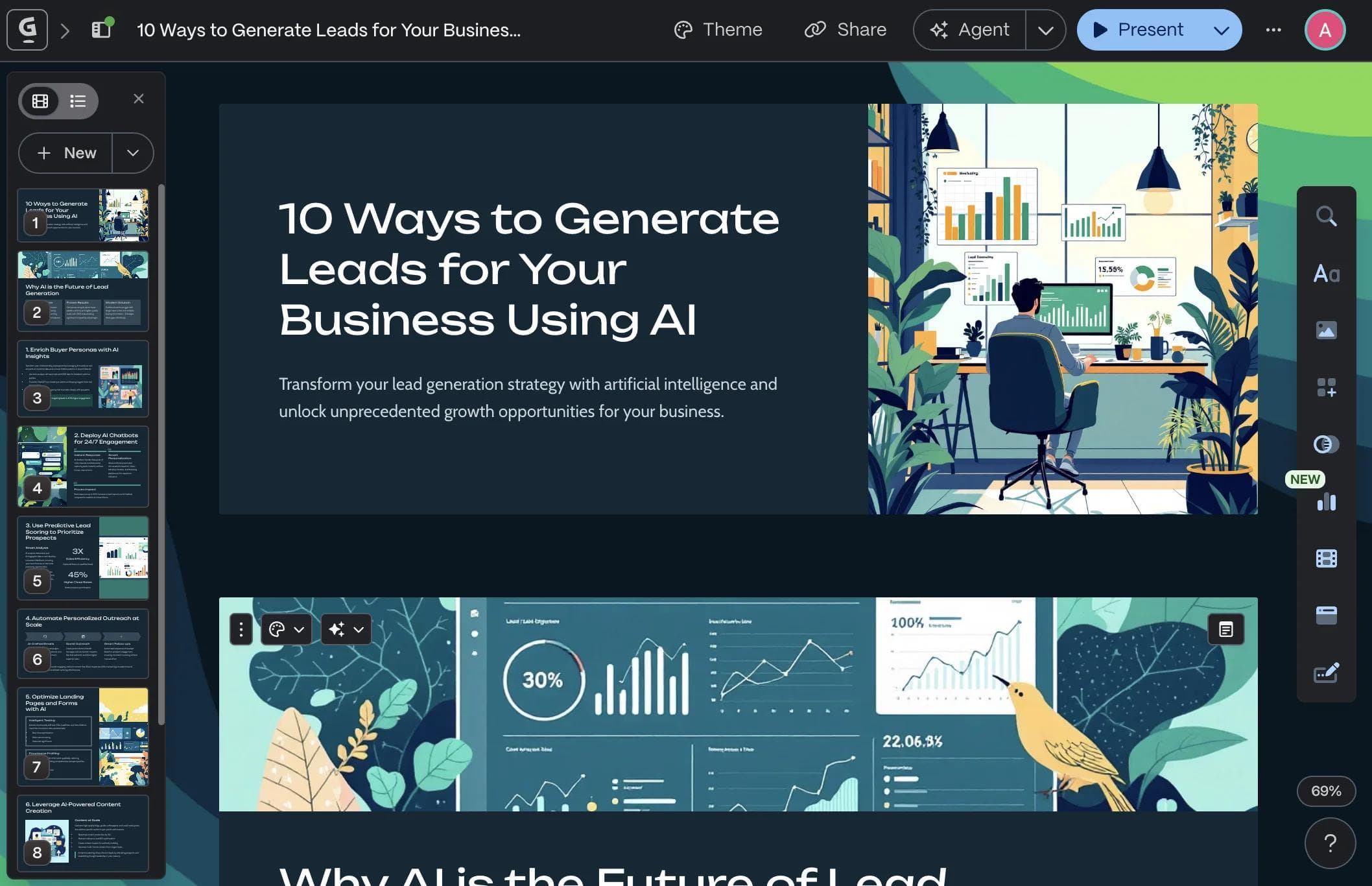 A generated Gamma presentation open in the editor with slide thumbnails, theme controls, Agent, and visual editing tools