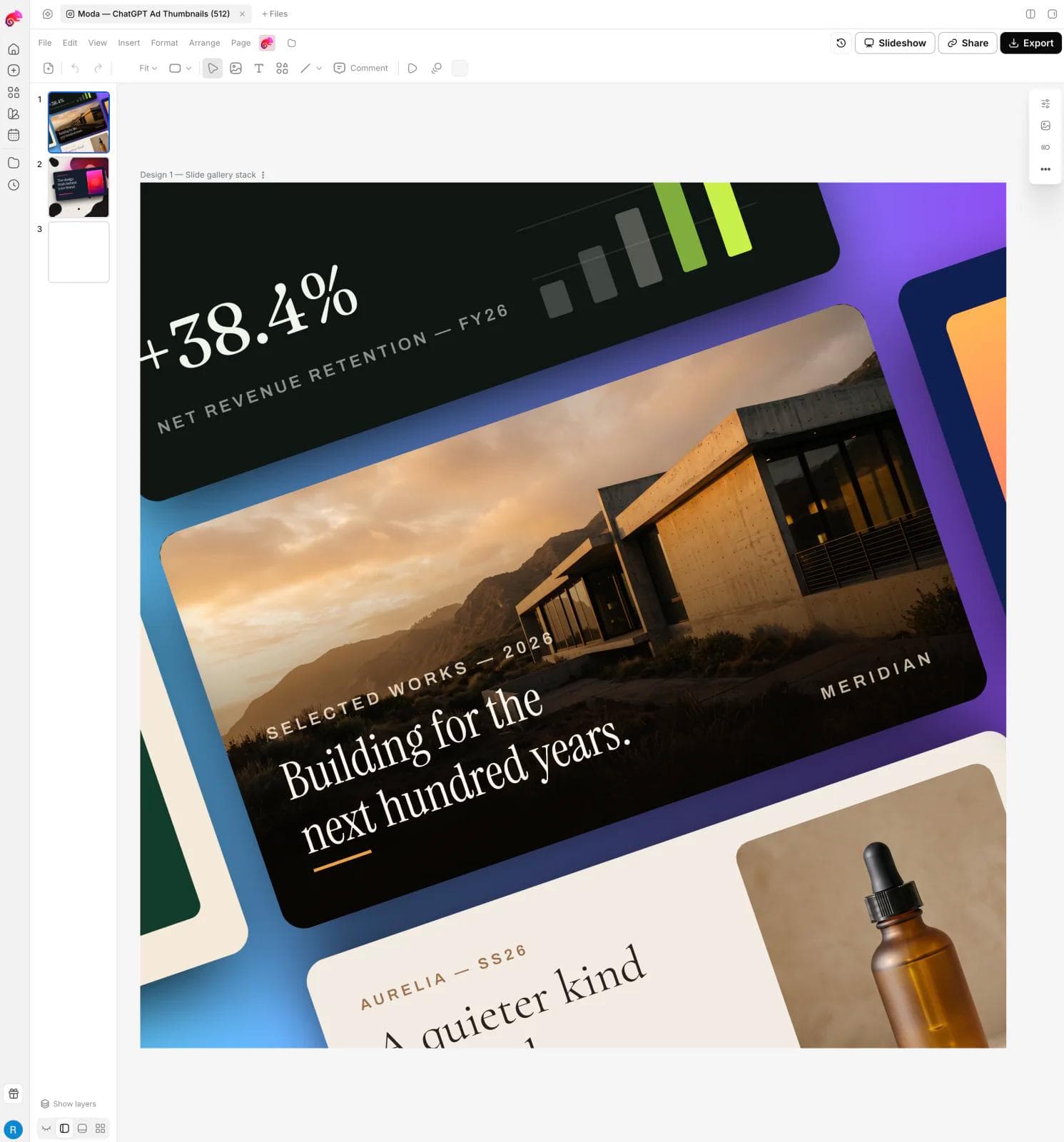 Moda design editor with page thumbnails, layout controls, and a canvas containing presentation and brand-design examples