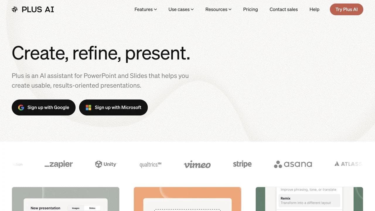 Plus AI product overview showing its native integration with Google Slides and Microsoft PowerPoint