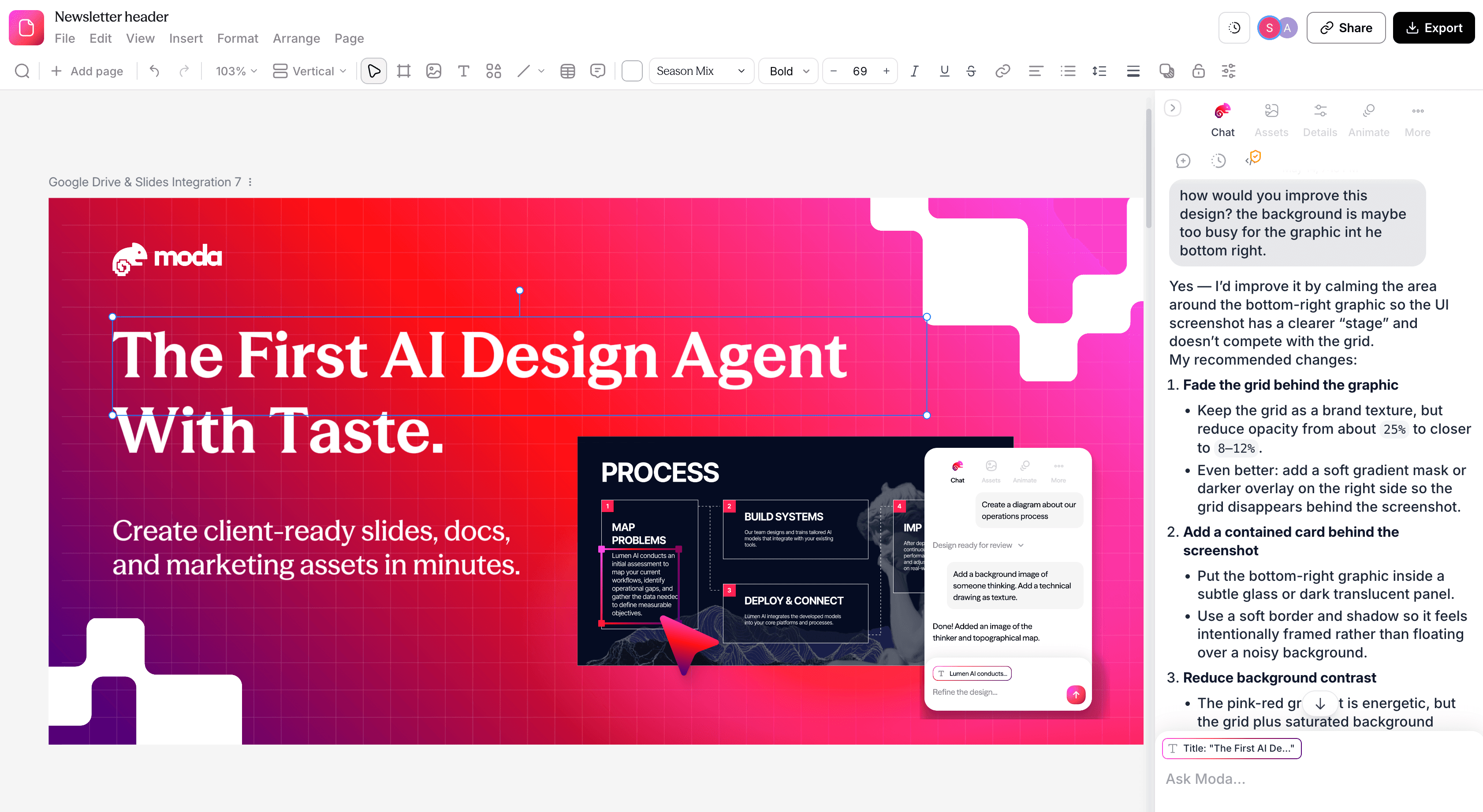 Moda presentation canvas with editable slide objects selected and an AI conversation providing design critique and revisions