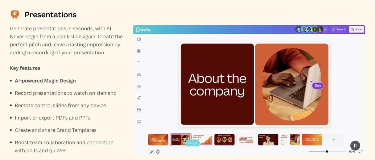 Canva presentation demonstration with slide thumbnails, collaborator cursors, and an About the company slide