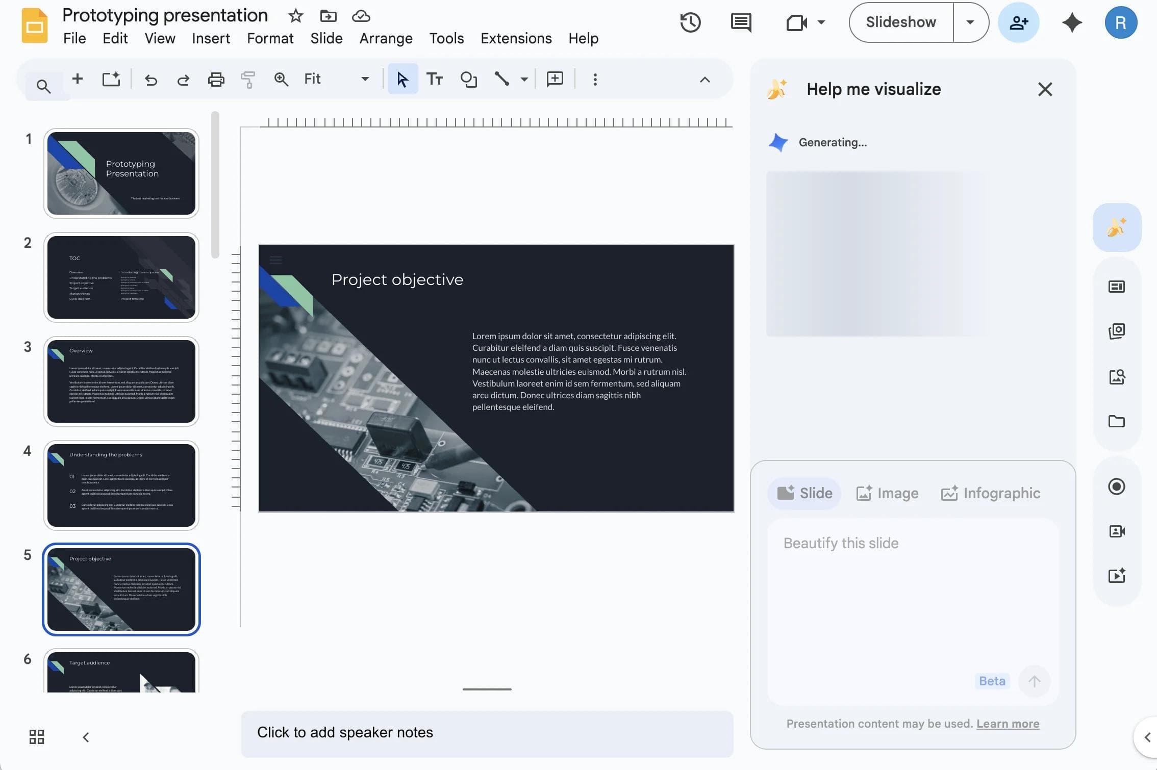 Google Slides with the Gemini Help me visualize sidebar generating content for the current presentation