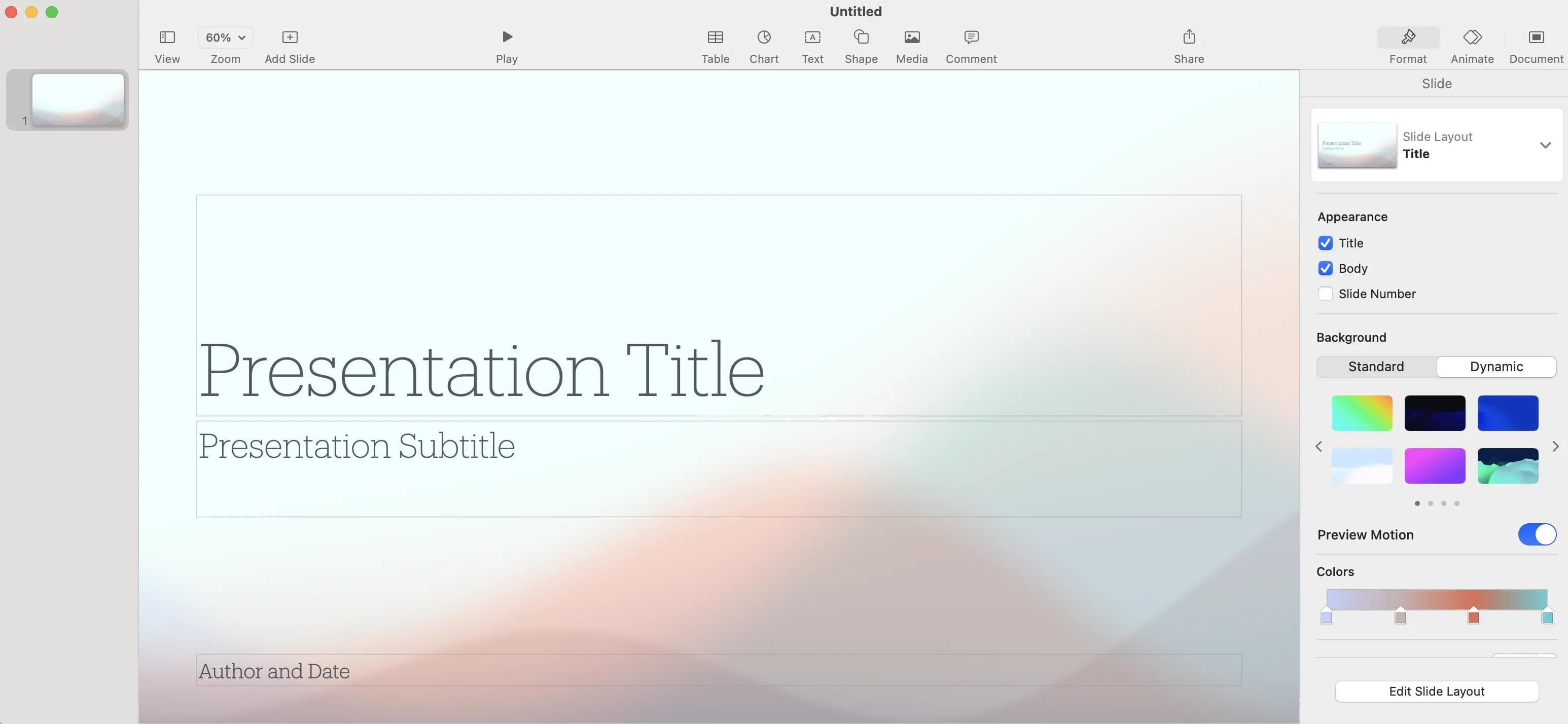 Apple Keynote editor with a default slide theme selected and dynamic background options visible