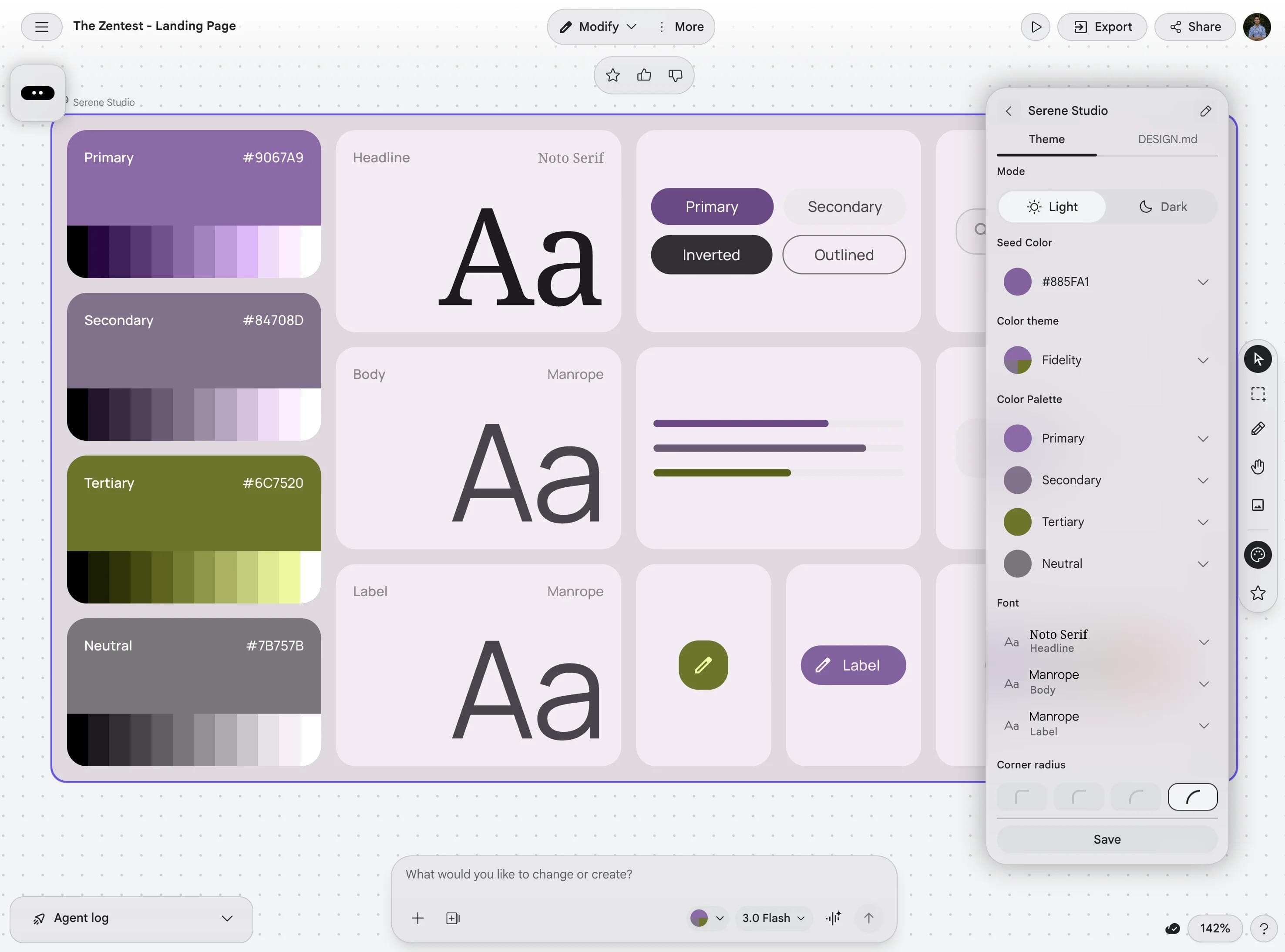 Stitch's Serene Studio theme panel showing the DESIGN.md tab, color palette, font settings, and corner radius options for design system configuration