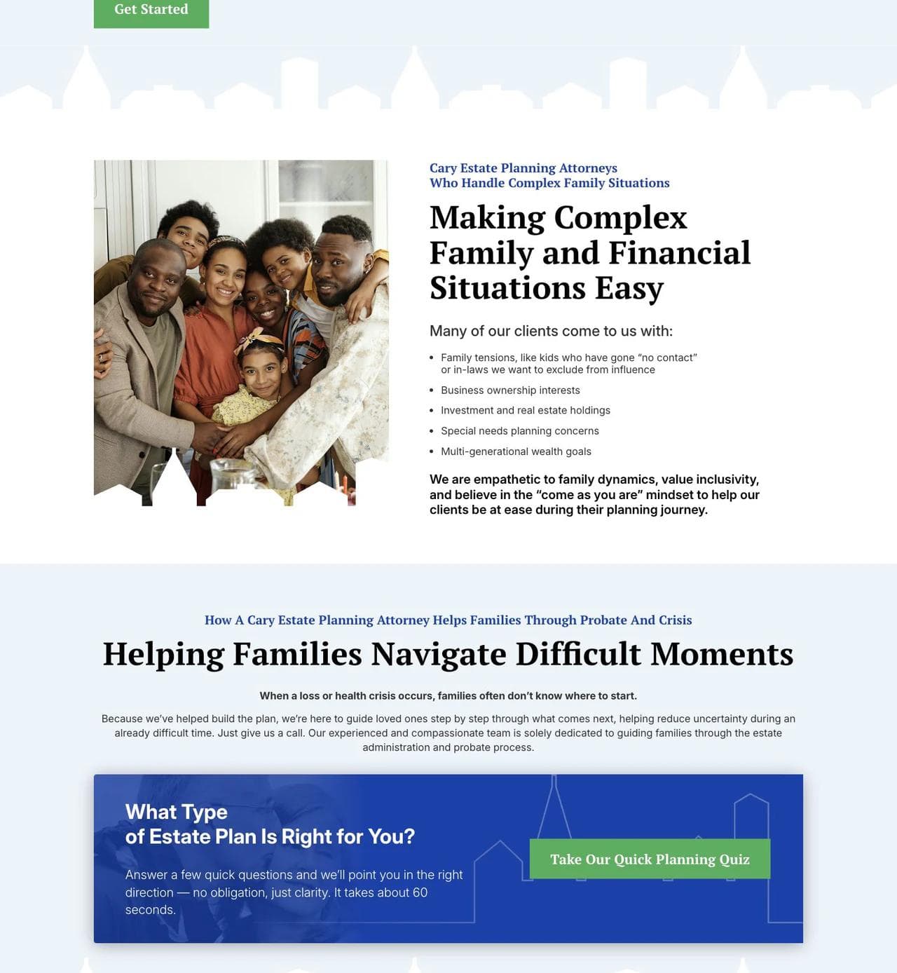 Cary Estate Planning practice-area cards translated into family outcomes
