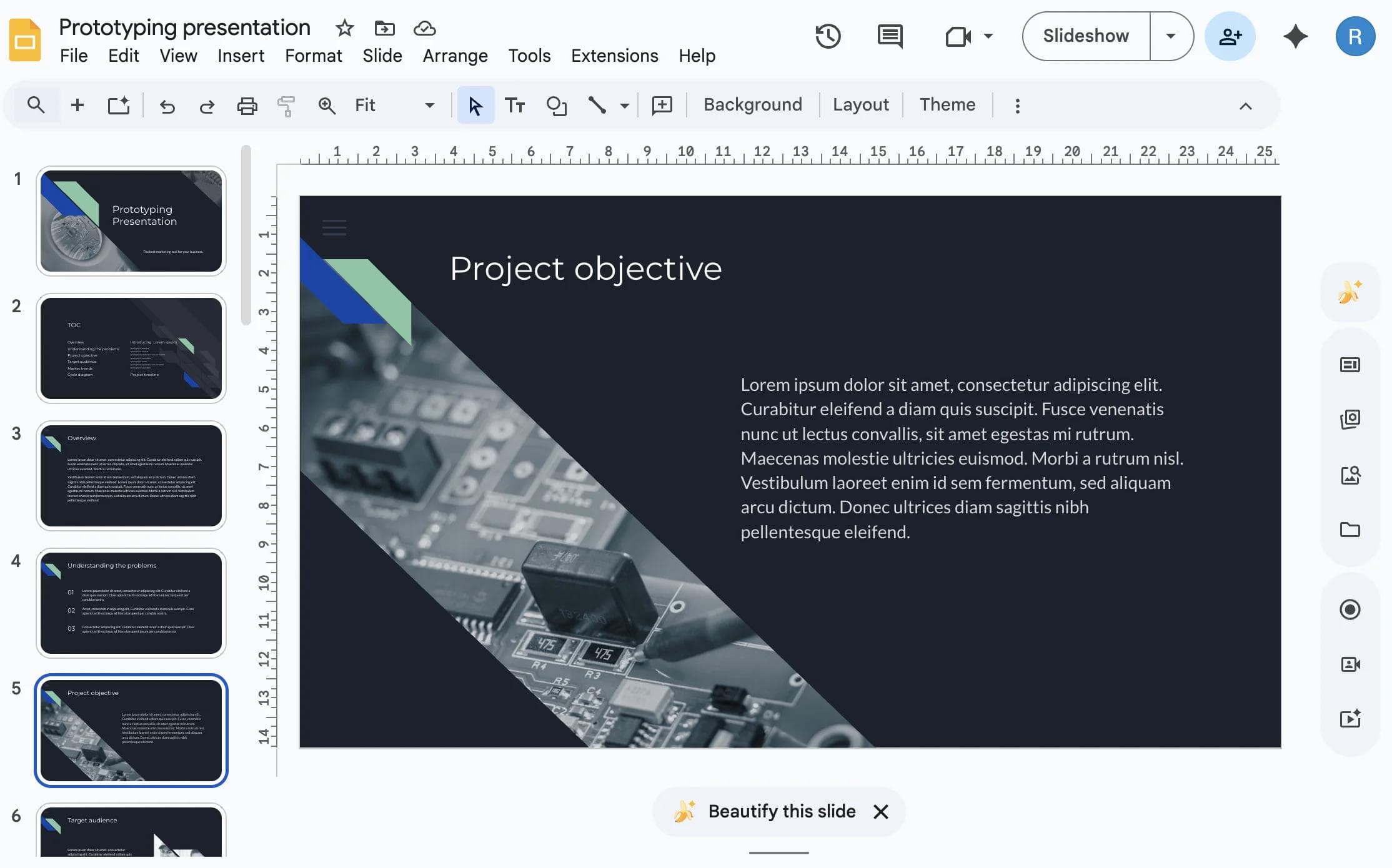 Google Slides editor with a multi-slide deck open and the Beautify this slide prompt visible