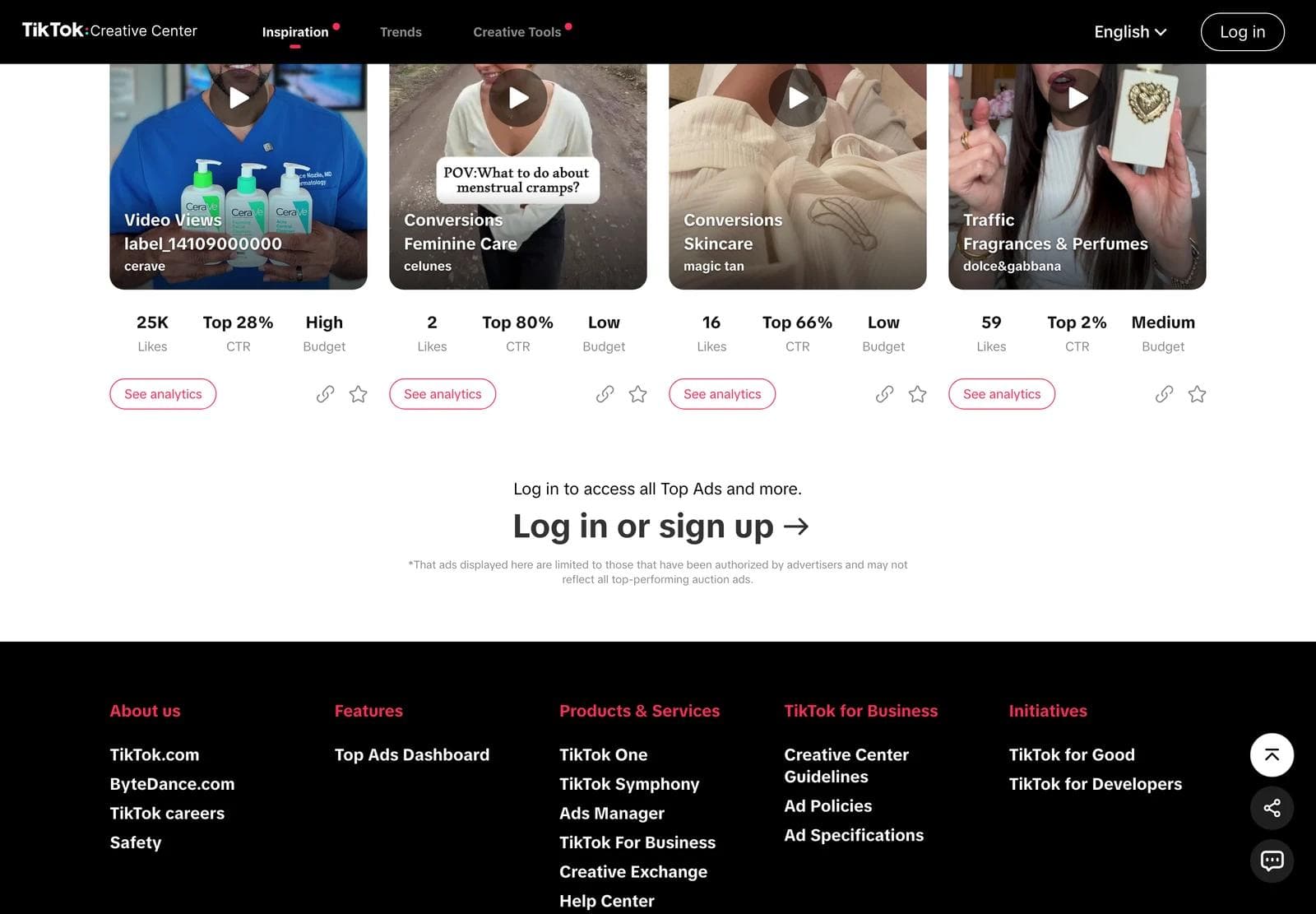 The TikTok Creative Center dashboard below the fourth card, showing the View More button and the message Log in to access all Top Ads and more