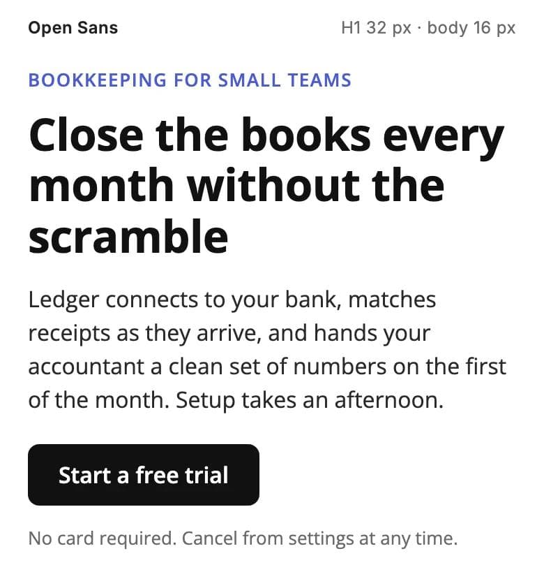 Open Sans rendered as a 390 px wide landing section: 32 px bold heading, 16 px paragraph and a button