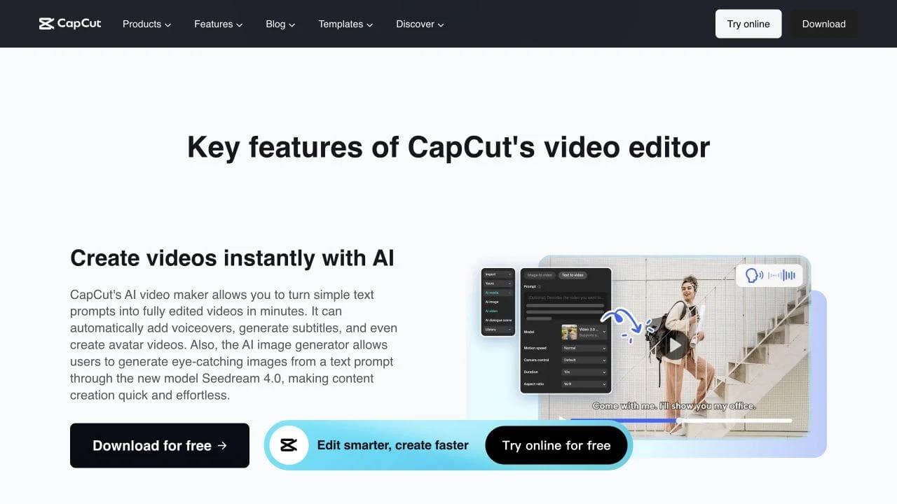 CapCut product page showing AI video controls beside a captioned vertical-video preview