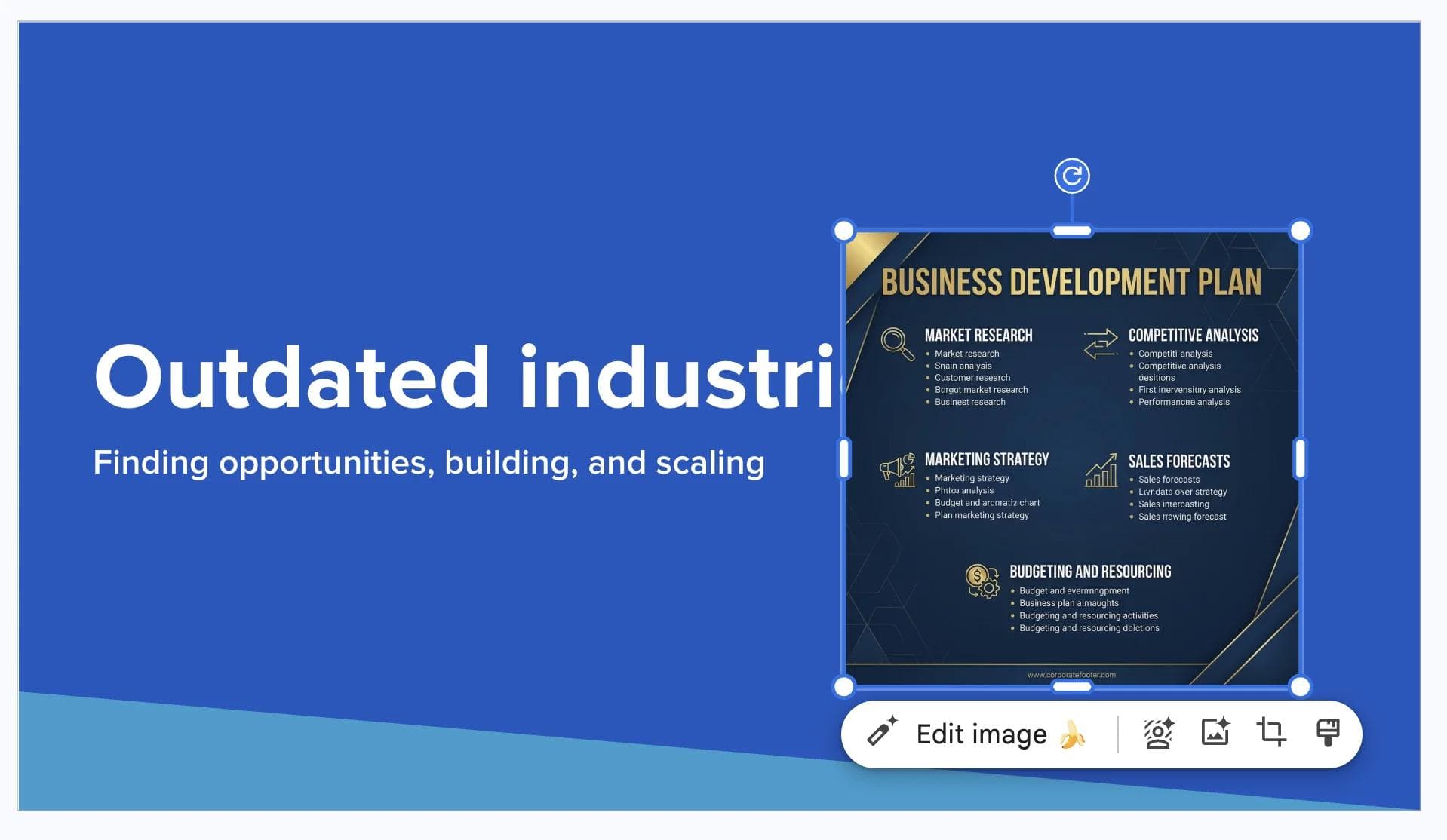 Google Slides slide with an image selected and the inline image editing toolbar visible above the canvas