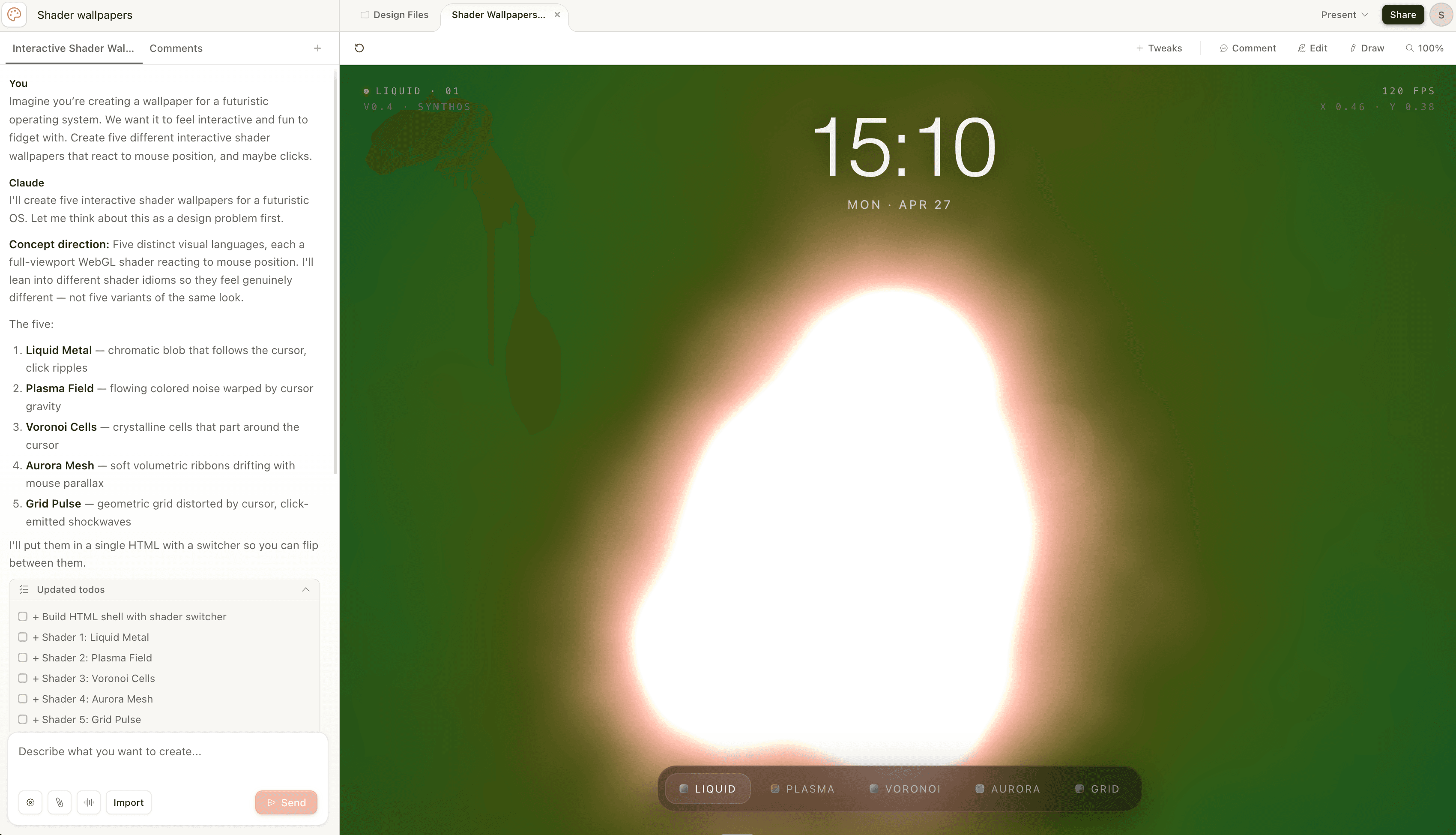Claude Design interface showing an interactive shader wallpaper controlled from a chat panel