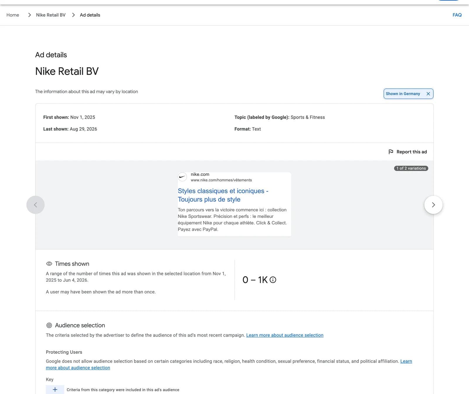 An Ads Transparency Center Ad details page for a Nike Retail BV text ad viewed with Germany selected, showing First shown, Last shown, a topic label, a Times shown range, and audience selection categories