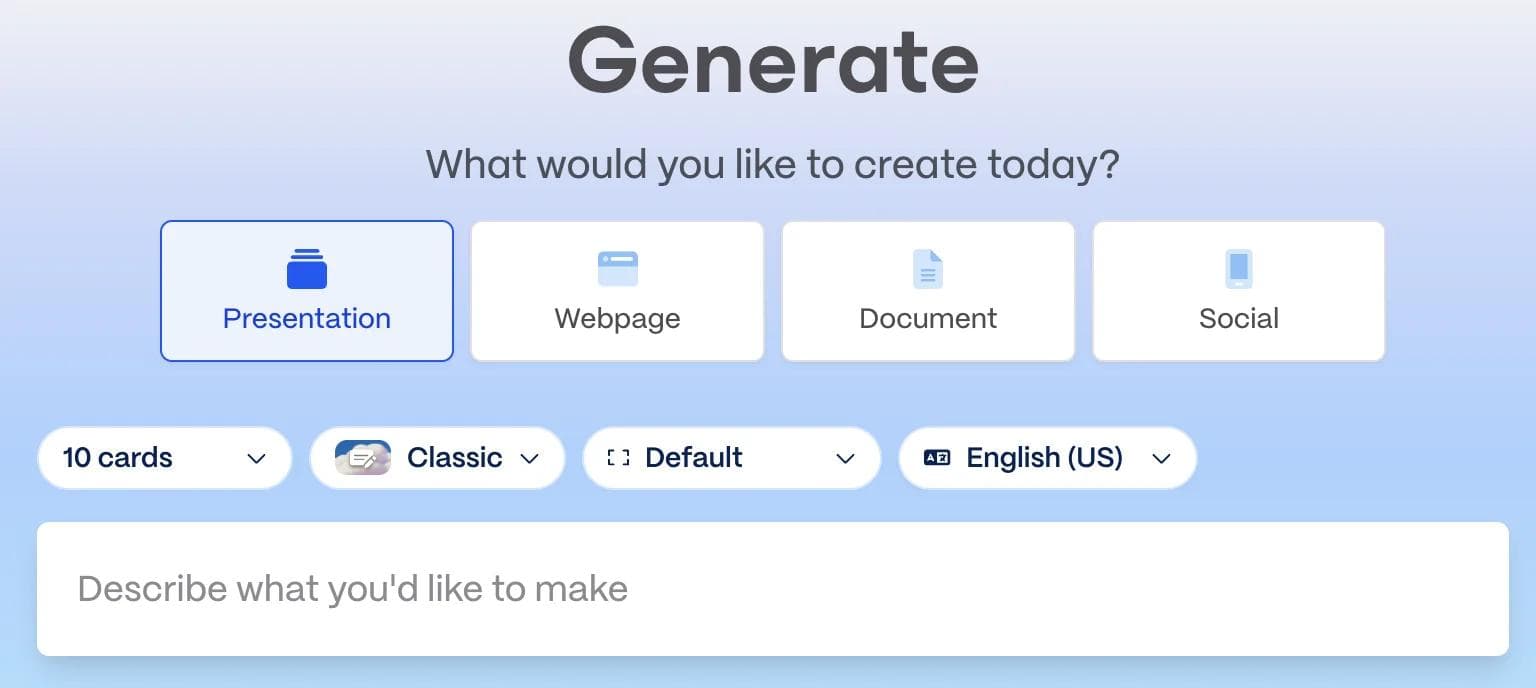 Gamma Generate screen for a presentation with controls for slide count, visual style, format, and language